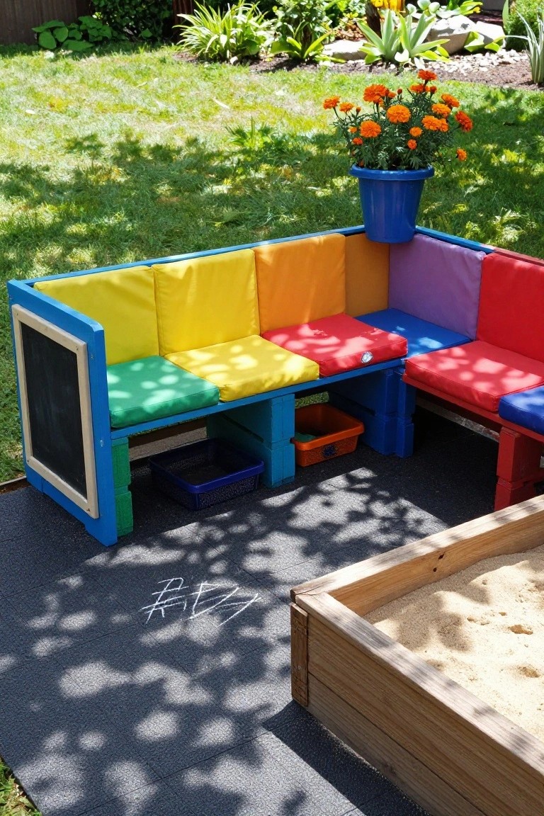 Outdoor L-shaped bench constructed from colorful plastic blocks with cushions in yellow, orange, green, purple, and red, including a chalkboard side panel, storage bins below, positioned next to a wooden sandbox on a rubber mat patio amid garden plants and grass.