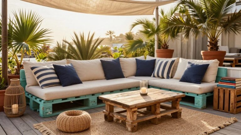 Turquoise outdoor sofa made from pallets with navy striped pillows on a wooden deck, paired with a wooden pallet coffee table holding lanterns and stacked books, potted plants, beige rug, and palm trees under a beige shade canopy.