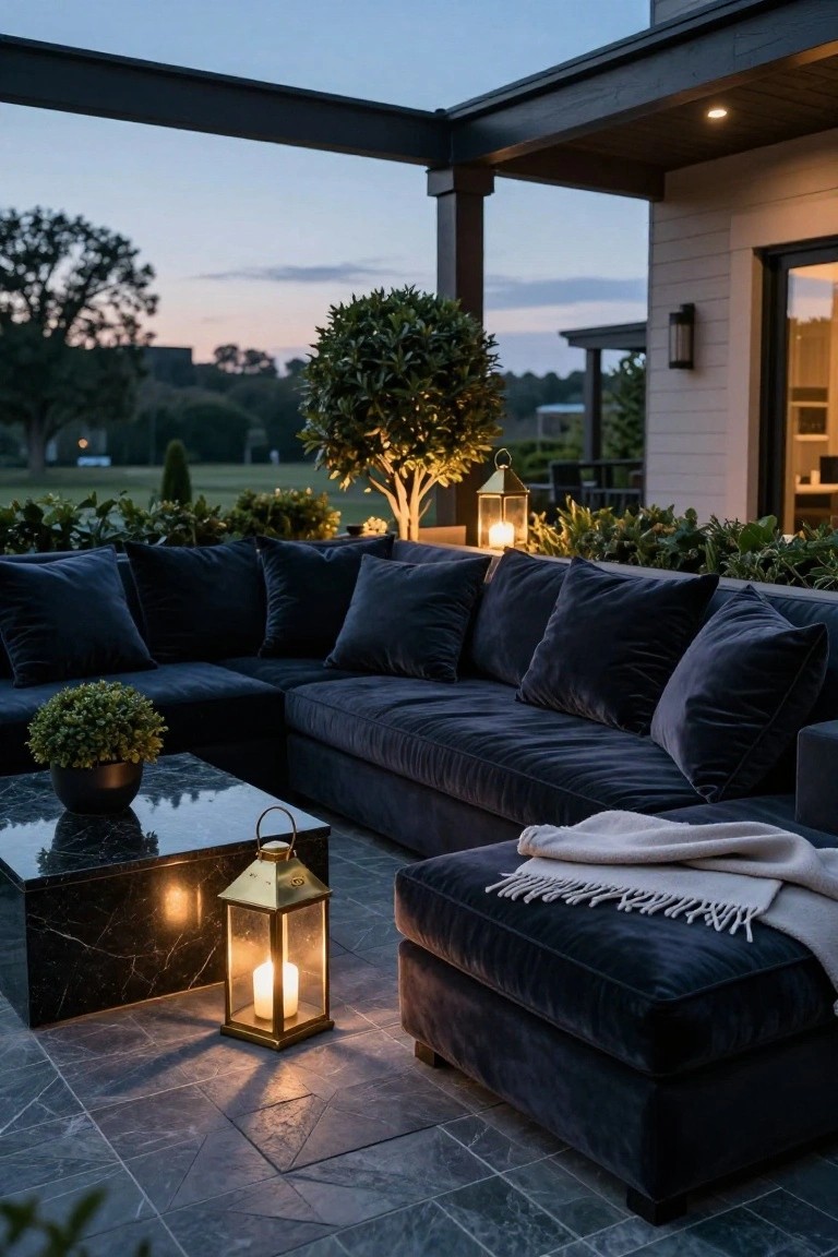 Covered outdoor patio featuring a large navy velvet L-shaped sectional sofa, marble coffee table with plant, gold lanterns, and potted greenery overlooking a lawn at dusk.