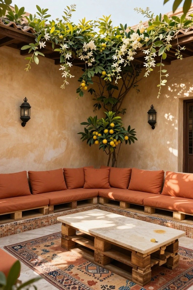 Courtyard patio with L-shaped wooden pallet sofa topped with orange cushions, low pallet table with marble top, potted lemon tree, climbing jasmine vines overhead, and black lanterns on beige stucco walls.