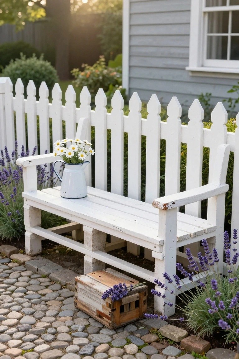 White wooden pallet bench positioned next to a white picket fence in a garden, holding a tin jug of white daisies, flanked by lavender plants and a wooden crate on a pebbled path near a gray house.