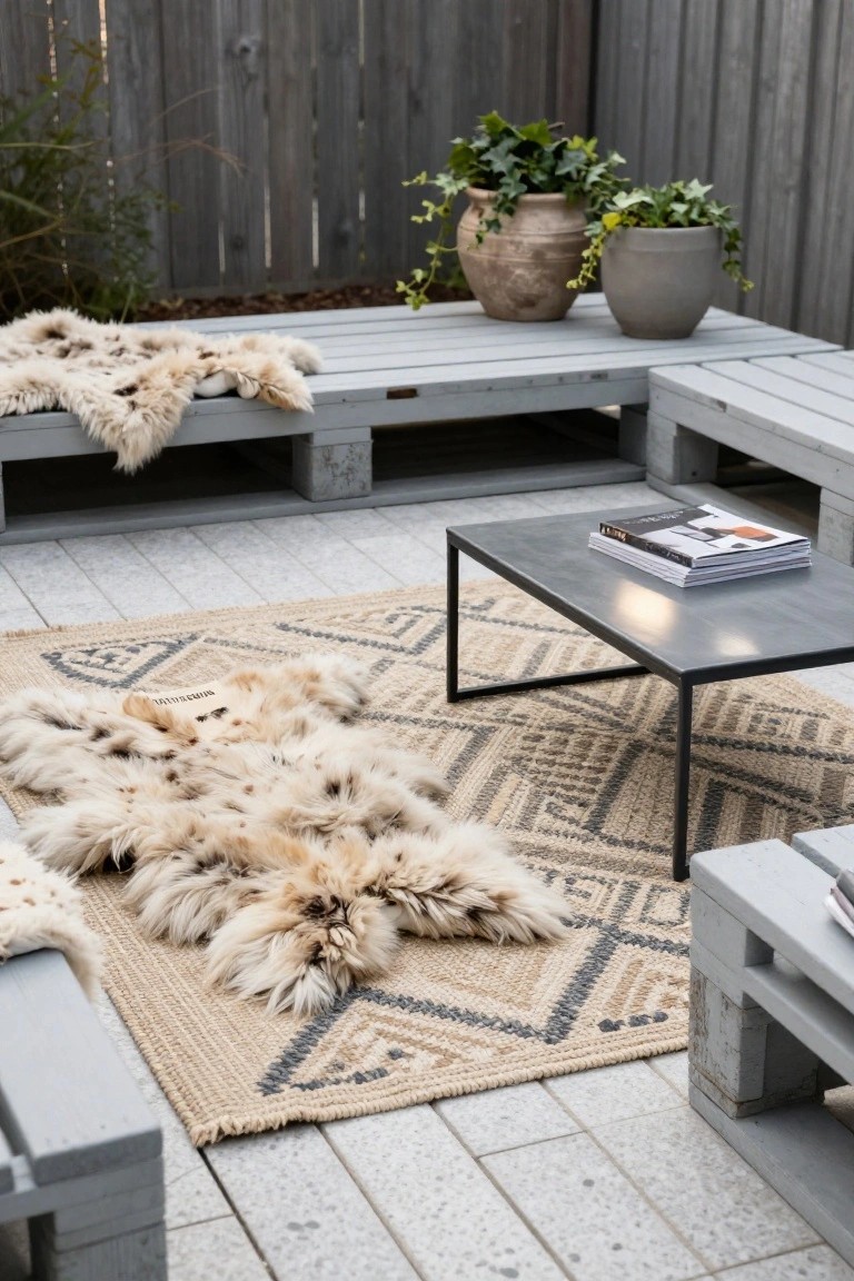 Outdoor patio with gray pallet benches draped in light fur throws, a low black metal coffee table on a beige geometric outdoor rug, potted ivy plants nearby, and wooden fences in the background.