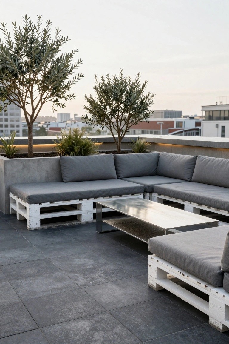 Rooftop terrace with L-shaped outdoor seating made from stacked white wooden pallets topped with gray cushions, a rectangular stainless steel coffee table, potted olive trees and ferns, dark gray tiled floor, and city buildings in the background.