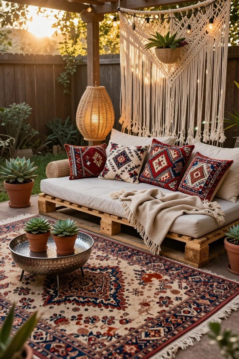 Backyard patio setup with wooden pallet daybed topped by cushions, pillows, and blanket, metal tray table holding potted succulents, woven rug, hanging plants, macrame wall hanging, lanterns, and pergola during sunset.