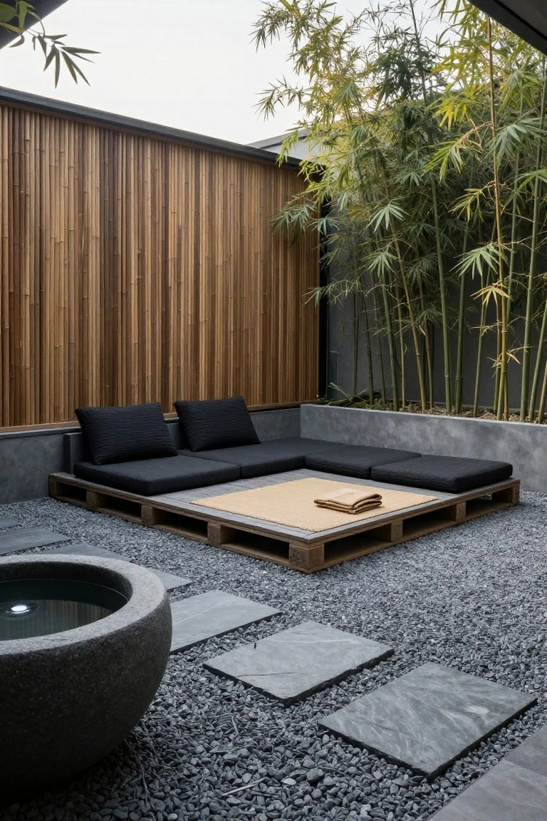 L-shaped outdoor seating on raised wooden pallet platform with black cushions and tan mat, surrounded by bamboo fence, gravel ground, stone stepping stones, and gray stone water basin