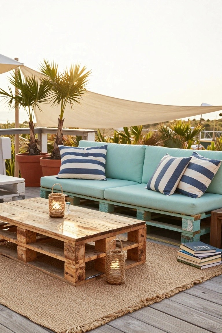 Turquoise outdoor sofa made from pallets with navy striped pillows on a wooden deck, paired with a wooden pallet coffee table holding lanterns and stacked books, potted plants, beige rug, and palm trees under a beige shade canopy.