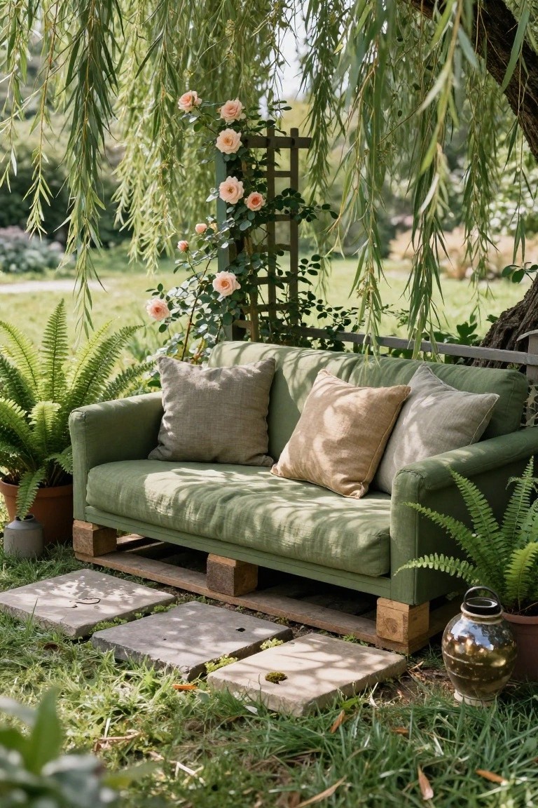 Green fabric sofa on wooden pallets positioned on stone pavers in a garden under a willow tree, flanked by ferns in pots, climbing roses on a trellis, and a metal urn.