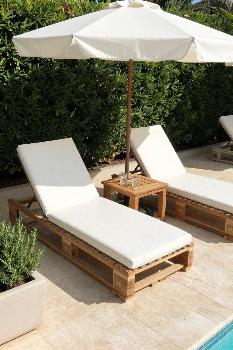 Two white-cushioned wooden pallet lounge chairs on a tiled poolside patio, with a small teak side table holding glasses, a beige potted rosemary plant, and a white beach umbrella nearby, surrounded by green hedges and a pool edge.