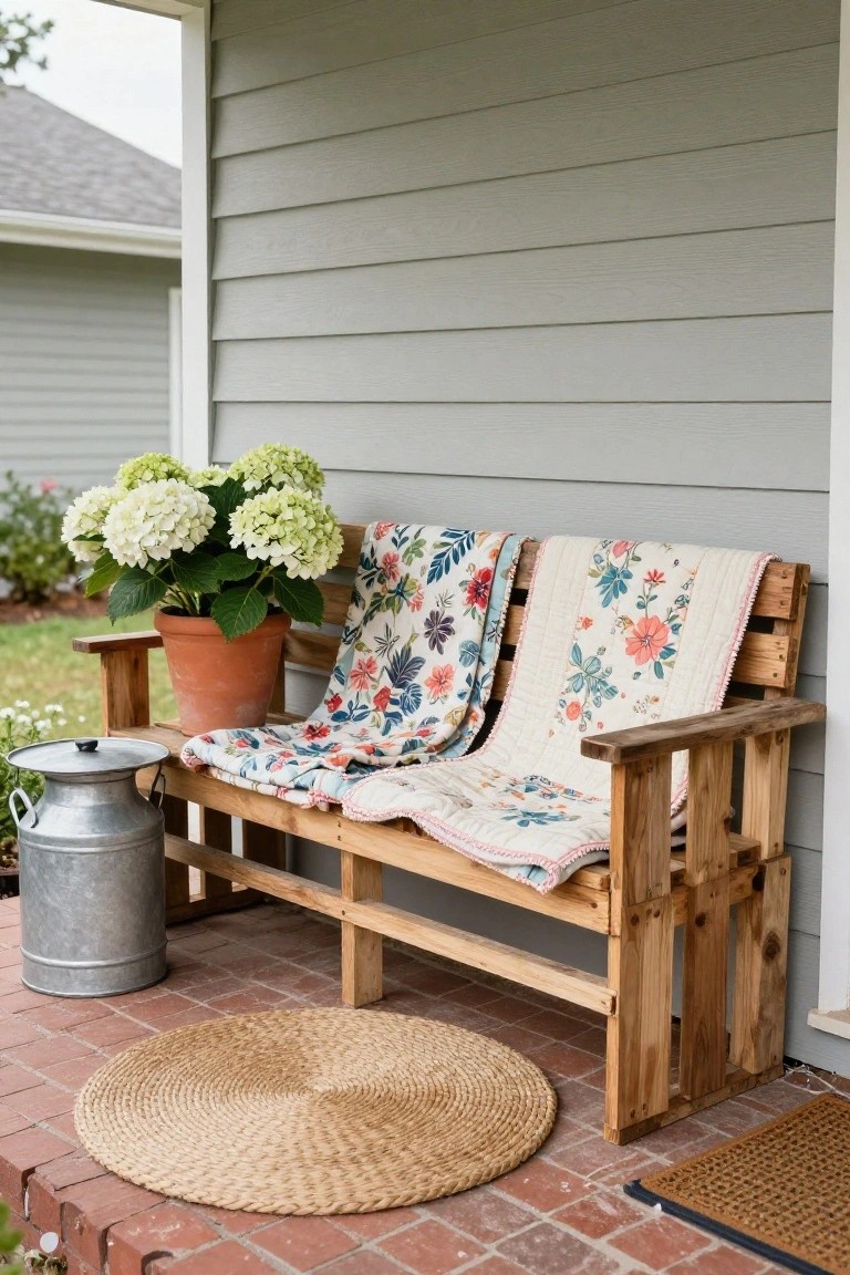 Wooden pallet bench draped with two floral quilts on a gray-sided porch, beside a large potted white hydrangea plant and a galvanized milk can, with a round seagrass rug on brick pavers.