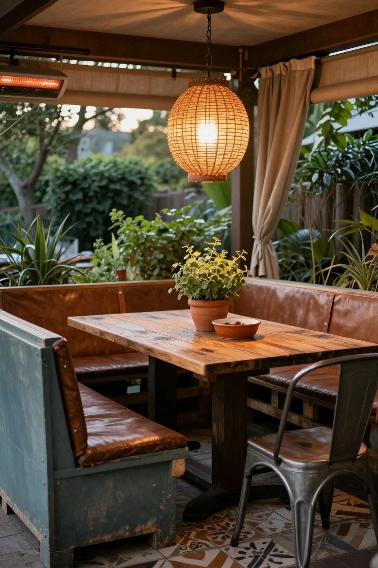 Outdoor covered seating area featuring a blue wooden bench with brown leather cushions, a wooden table with potted plant and bowl, metal chair, hanging rattan lantern, heater overhead, and surrounding greenery.