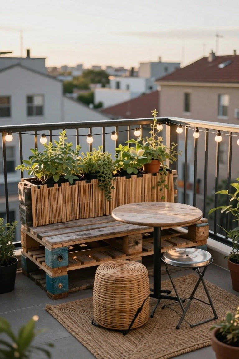 Balcony featuring a wooden pallet bench, small round wooden table on metal legs, metal stool, wicker stool, potted plants in wooden planters and pots, string lights on railing, and city view at dusk.