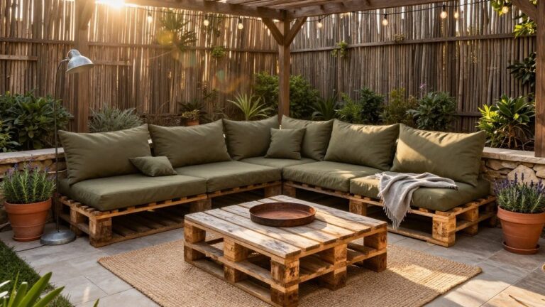 18 Beautiful Pallet Outdoor Seating Ideas For Any Backyard Outdoor L-shaped couch and low coffee table made from wooden pallets with green cushions, positioned under a wooden pergola with string lights, potted plants, and a stone wall backdrop.