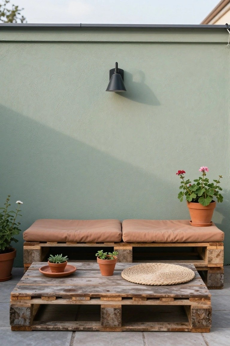 Outdoor seating area made from wooden pallets formed into two benches and a low coffee table on a tiled patio, with terracotta pots of plants, cushions on benches, and a green wall with mounted light in the background.