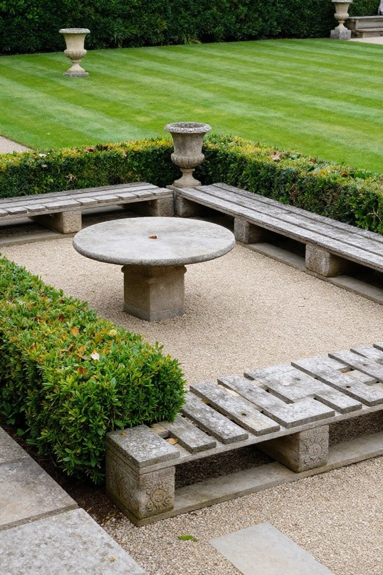 Square outdoor seating area featuring weathered wooden plank benches on stone supports around a central round stone table on gravel, bordered by clipped green hedges, with striped lawn and stone urns in the background.