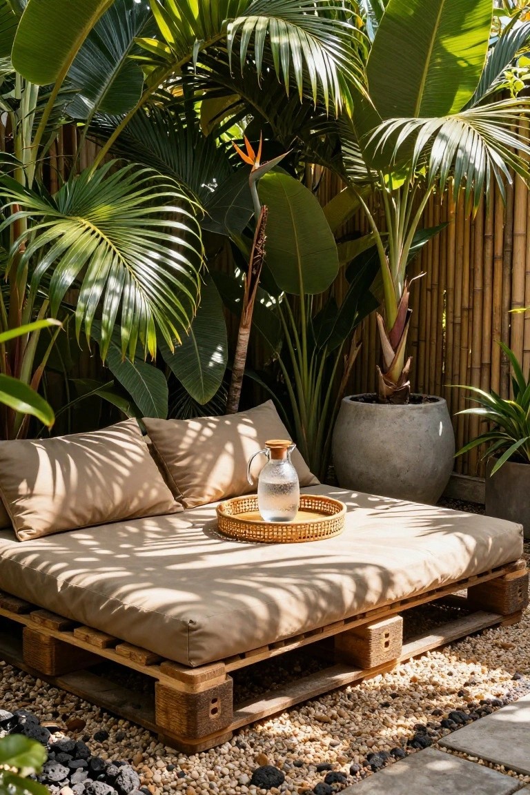 Low wooden pallet daybed with beige cushions and pillows on a gravel patio surrounded by tropical plants, bamboo fence, large potted plants, and a glass pitcher with water on a woven tray.