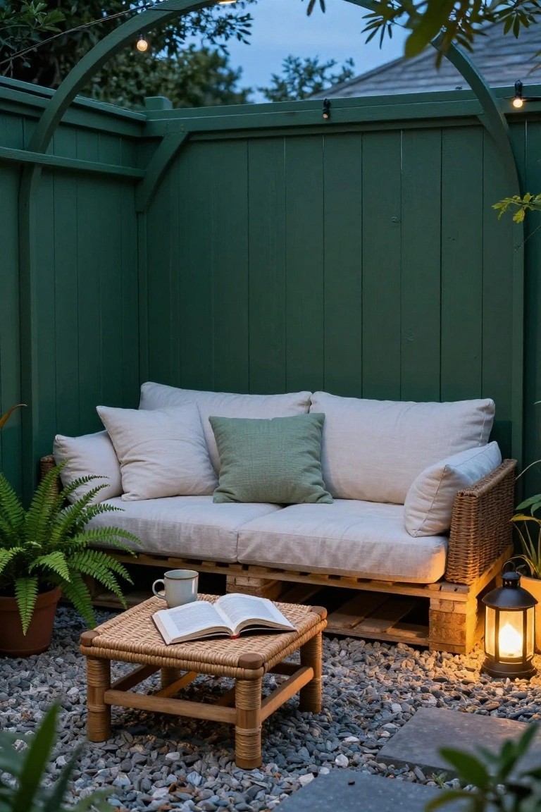 Cozy outdoor loveseat made from wooden pallets with beige cushions and green pillow, rattan coffee table holding open book and mug, potted ferns, lanterns, string lights along green fence, gravel ground at dusk.
