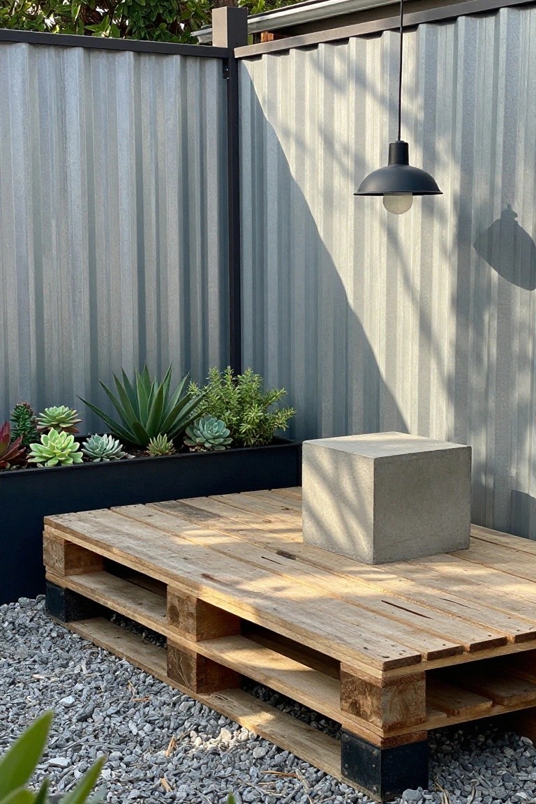 Backyard corner featuring a raised wooden pallet platform with a concrete cube stool on top, black planter of succulents beside it, gravel groundcover, corrugated metal fencing, and a hanging black pendant light.