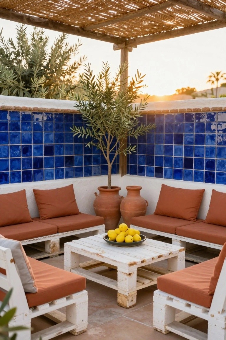 Outdoor terrace corner with whitewashed pallet sofas and coffee table topped with lemons in a white bowl, rust cushions, terracotta pots with olive trees, blue tiled walls, thatched roof overhead, and sunset view.