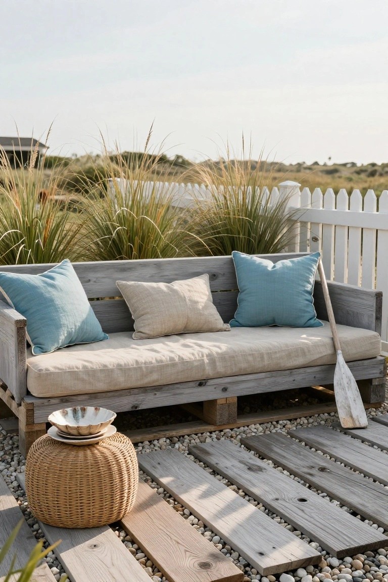 Weathered gray pallet swing bench with blue and beige cushions on a wooden deck path amid pebbles, beach grass, white picket fence, wicker stool with plates, and wooden paddle leaning nearby.