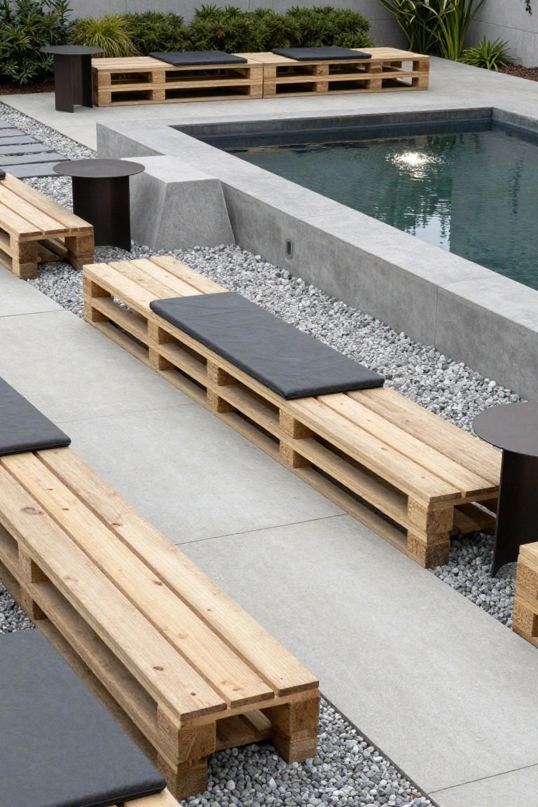 Outdoor pool area featuring several wooden pallet benches with black cushions arranged linearly along concrete paths and near a rectangular dark-water pool, with gravel ground cover and low modern plantings.