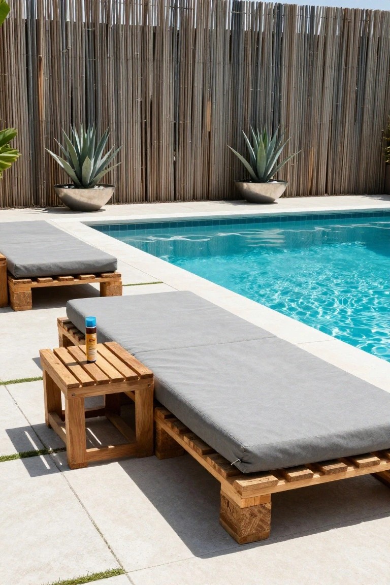 Two wooden pallet loungers with gray cushions next to a turquoise pool, a small wooden side table with sunscreen bottle between them, potted agave plants, and bamboo fencing in the background.