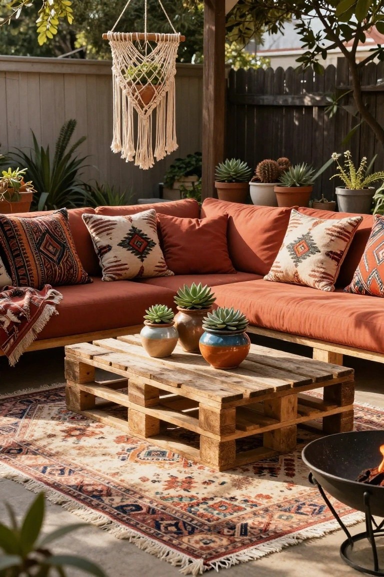 L-shaped outdoor couch made from pallets with orange cushions and patterned pillows, pallet coffee table with ceramic pots of succulents, surrounded by potted plants, a fire pit, and a woven hanging planter under a wooden pergola on a patterned outdoor rug.