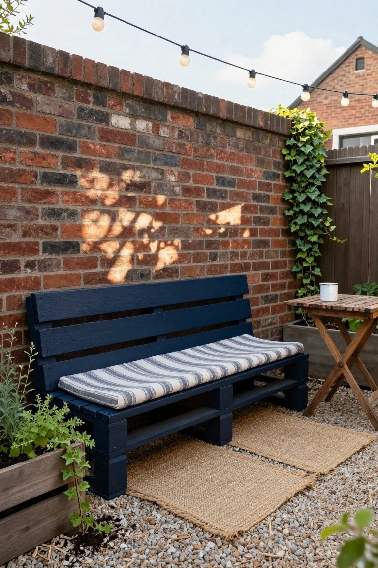 Navy blue pallet bench with white and blue striped cushion against a brick wall in a gravel backyard, with a small wooden side table, potted plants, seagrass rugs, and string lights overhead.