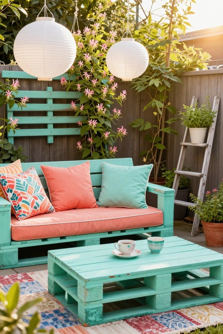 Turquoise pallet sofa with orange and green cushions and matching coffee table on a patio with plants, ladder shelf, hanging paper lanterns, and climbing flowers on a wooden fence.