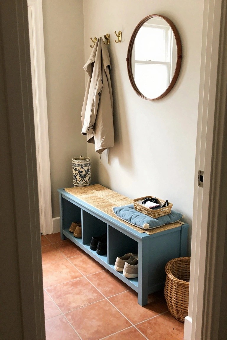 A turquoise blue wooden bench with open cubbies storing shoes and boots sits against a beige wall in a narrow entryway, topped with a seagrass mat and blue cushion, beside a coat rack, round mirror, blue and white vase, and woven baskets on terracotta tile floor.