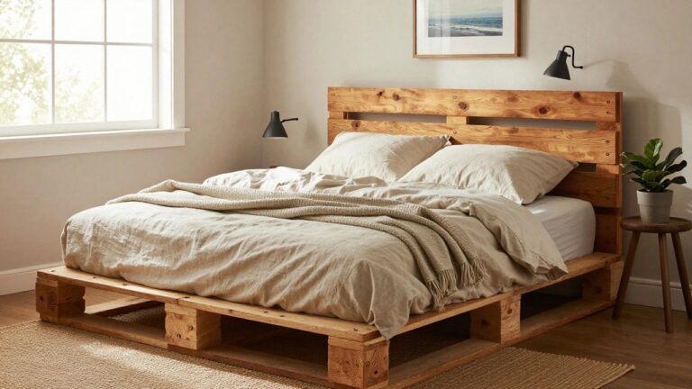 18 Beautiful Wood Pallet Projects for Beginners That Keep Getting Better Bedroom with wooden pallet headboard and frame, beige linen bedding and pillows, two side lamps, potted plant, and black-framed seascape print on light beige wall.