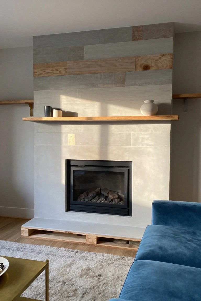 Living room with gas fireplace featuring gray tile surround, mixed gray and wood plank wall above, oak mantel shelf with candles and vase, hearth on exposed wooden pallets over hardwood floor, blue velvet sofa nearby.