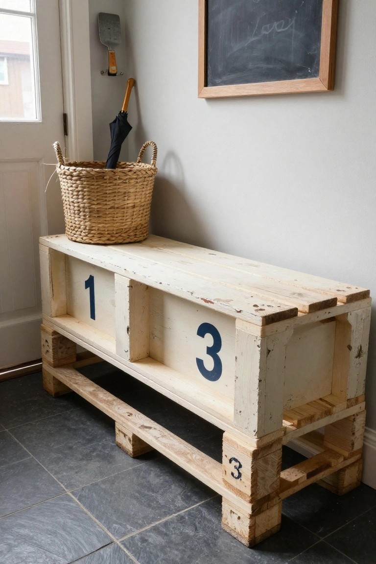 Whitewashed wooden bench made from pallets with two open storage compartments labeled 1 and 3 in blue numbers, positioned in a light gray entryway next to a wicker basket holding a black umbrella.