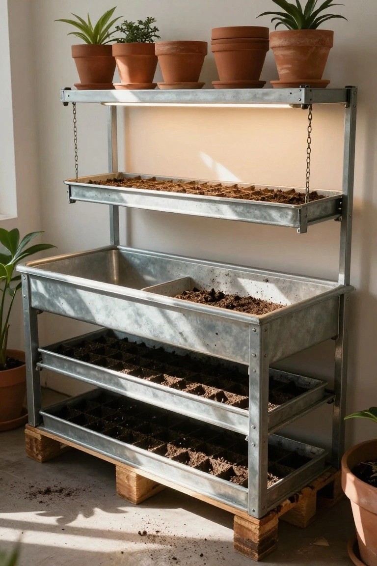 Galvanized metal shelving unit elevated on wooden pallets holds trays of soil and seedlings on multiple levels, with potted plants on upper shelves and a grow light above, indoors against a white wall.