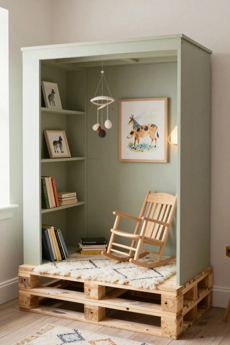 Mint green wooden shelving unit built like an open wardrobe on a wooden pallet platform, with books on shelves, framed donkey artwork, hanging mobile, and wooden rocking chair on a white rug inside.