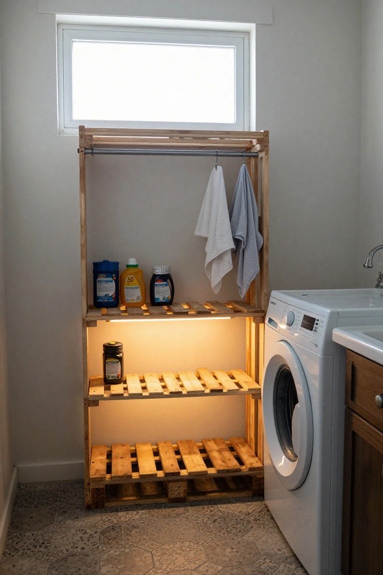 Wooden pallet shelf unit in a laundry room holding detergent bottles and jars on shelves with towels draped over a hanging rail above, LED lights underneath, next to a white front-loading washing machine and sink on a tiled floor.