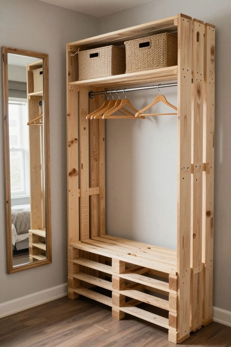 Freestanding wood pallet wardrobe in a light gray bedroom with upper shelves holding two wicker baskets, metal hanging rod with wooden hangers and clothes, open middle section, lower bench seat, and shoe shelves, next to a wooden-framed mirror.