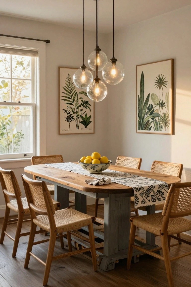 Oval wooden dining table with gray legs and rattan chairs in a light-colored dining room, featuring a bowl of lemons on a patterned runner, pendant globe lights above, and framed botanical prints on the walls.