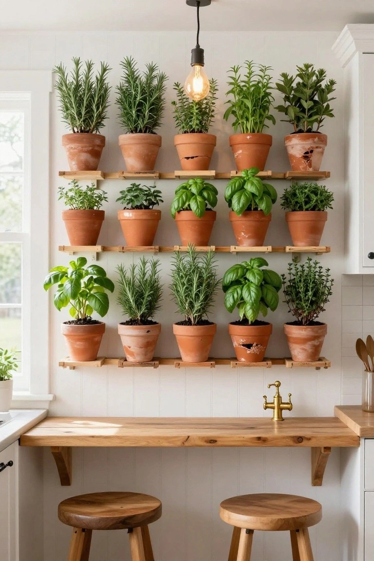 Kitchen wall lined with three rows of rustic wooden shelves holding terracotta pots filled with herbs such as rosemary, basil, and thyme, above a wooden countertop with two stools and a gold faucet sink.