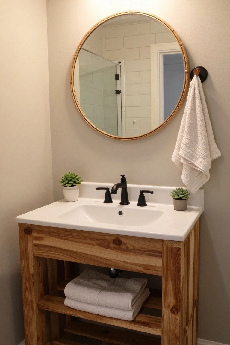 A light wood pallet vanity with open lower shelves holding folded white towels under a white porcelain sink with black faucet, flanked by small potted succulents, a round rattan mirror on the wall, and a white towel hanging from a hook nearby in a bathroom with subway tile shower.