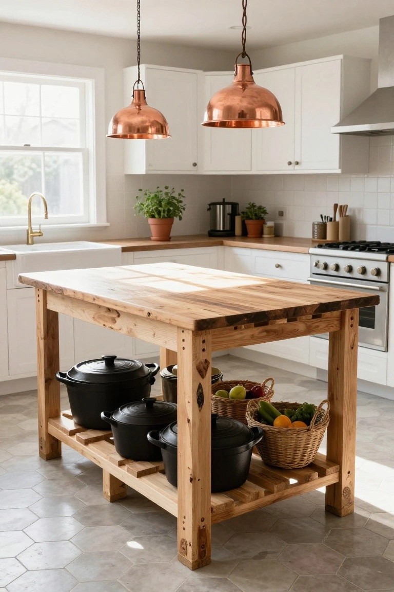 Kitchen with white cabinets, wooden island on legs holding black pots and woven baskets with vegetables, gold faucet sink, copper pendant lights, and stainless appliances.
