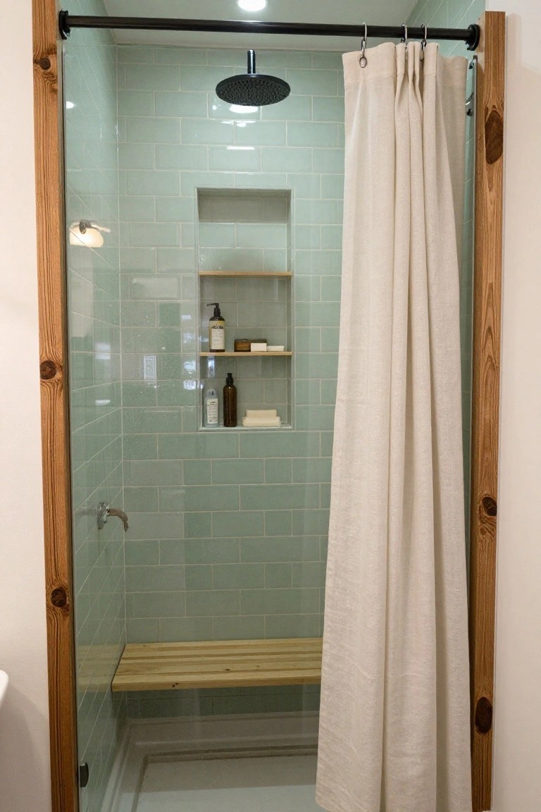 Walk-in shower enclosure framed by rough wooden timber posts and beam, with pale green subway tile walls, a built-in slatted wooden bench, niche shelf holding soap bottles and towels, and a draped white linen shower curtain.