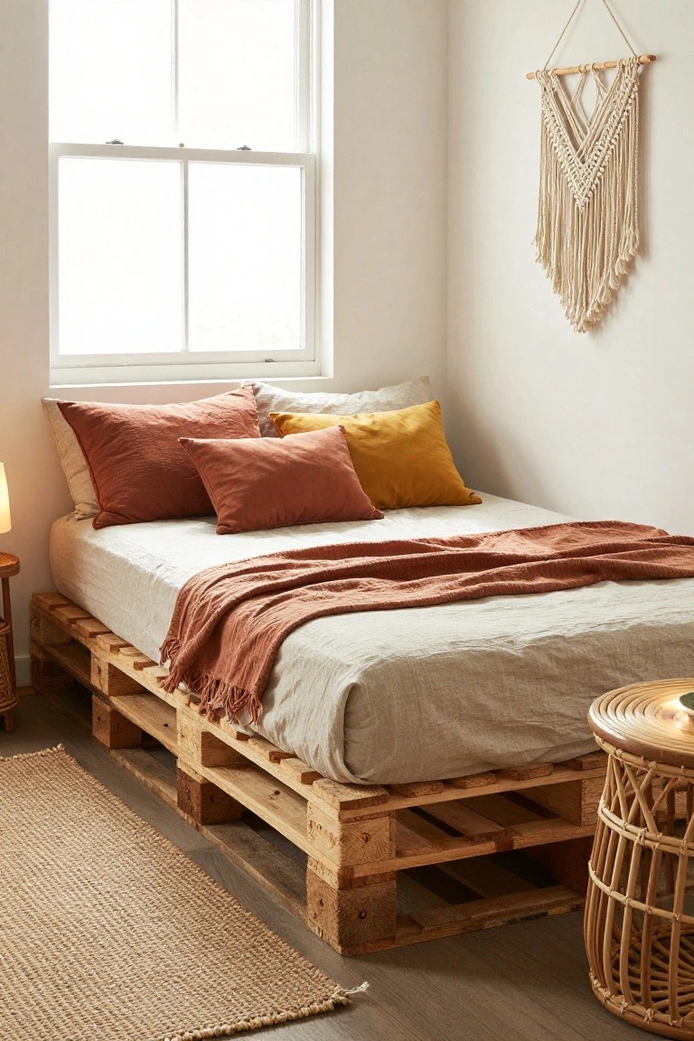 Bedroom corner featuring a low bed platform made from stacked wooden pallets, with white linen sheets, rust and mustard pillows, a terracotta throw, macrame wall hanging, rattan stool with lamp, and seagrass rug on wood floor near a white-framed window.