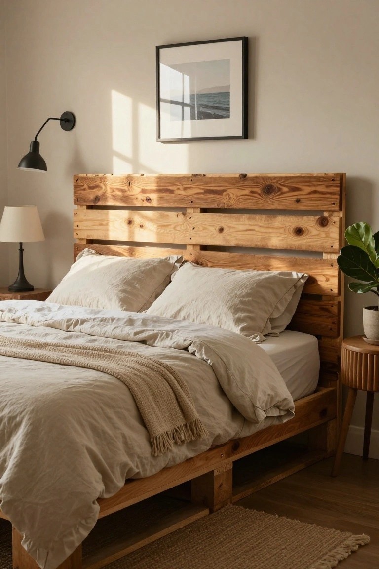 Bedroom with wooden pallet headboard and frame, beige linen bedding and pillows, two side lamps, potted plant, and black-framed seascape print on light beige wall.