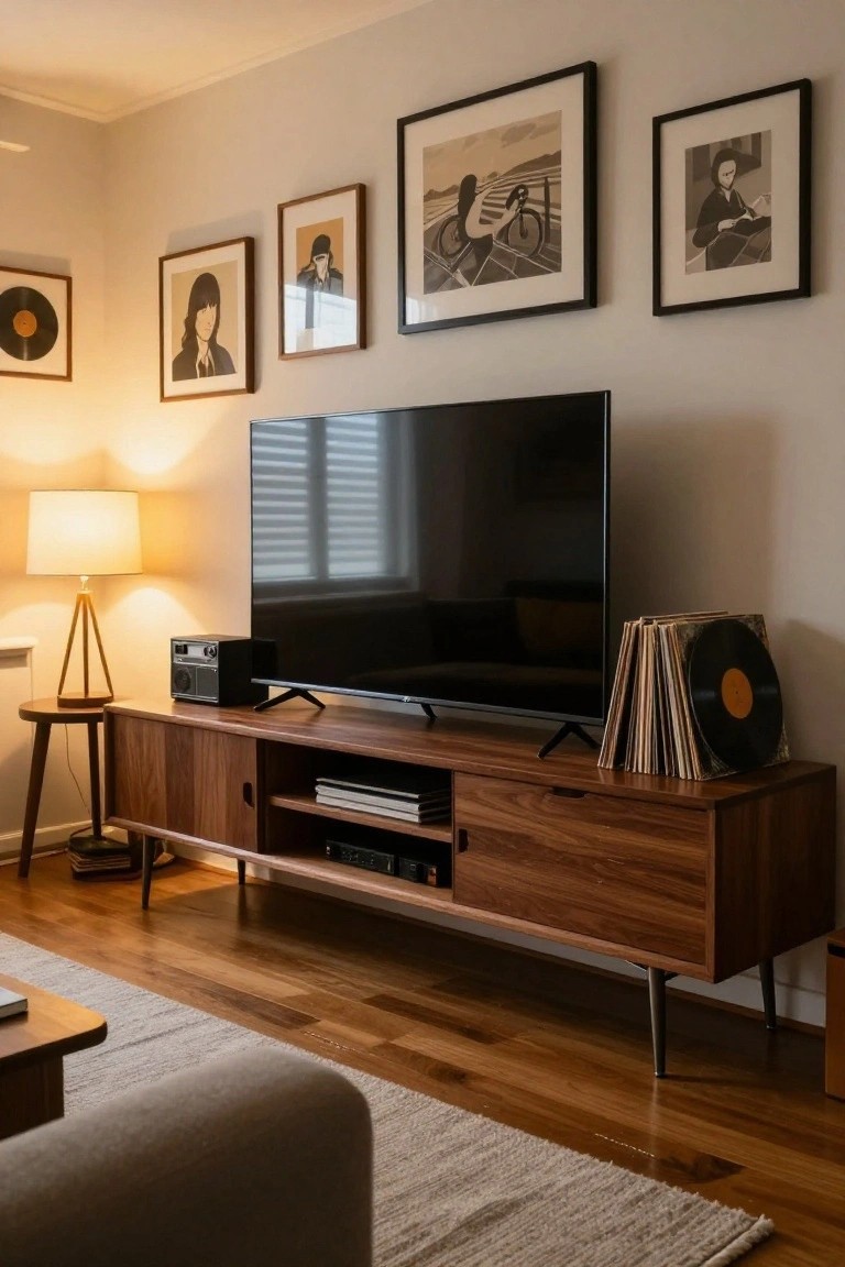 A large flat-screen TV on a wooden credenza with drawers and shelves in a living room, vinyl record stacks on top, tripod lamp and art on beige walls, wood floor and gray rug nearby.