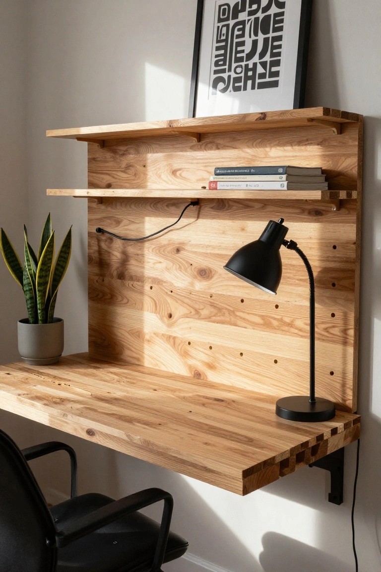 Wall-mounted light wood desk with upper shelves holding books, pegboard-backed panel, adjustable black desk lamp, potted snake plant, and black office chair in a white room with natural light.