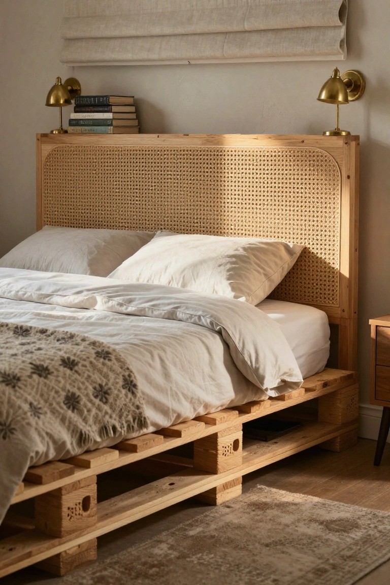 Bedroom interior featuring a low bed frame made from stacked wood pallets, topped with white bedding and pillows against a woven rattan headboard, flanked by brass lamps and books on nightstands.