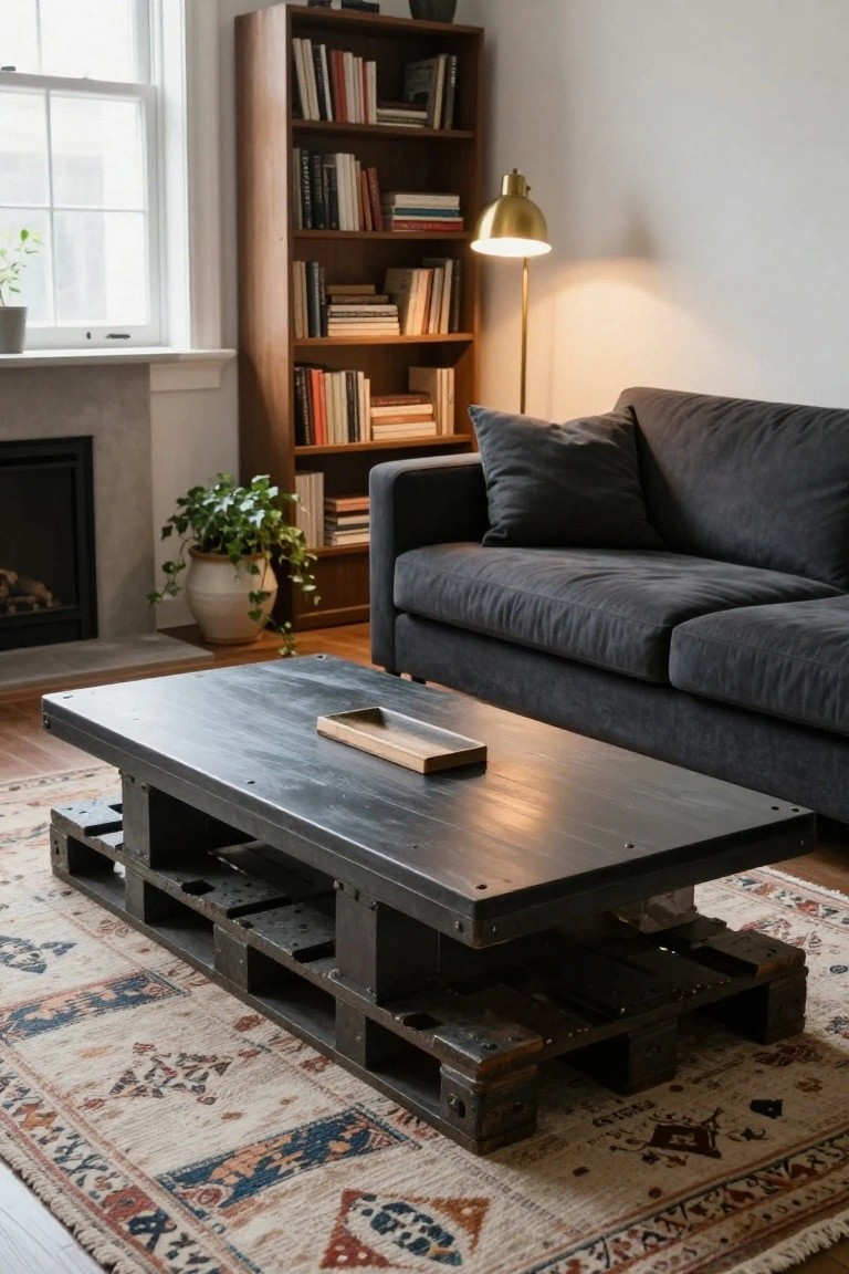 Living room interior with a large black wood pallet coffee table topped by a wooden tray, positioned in front of a gray sofa on a patterned rug, beside bookshelves, a gold floor lamp, potted plants, and a fireplace.