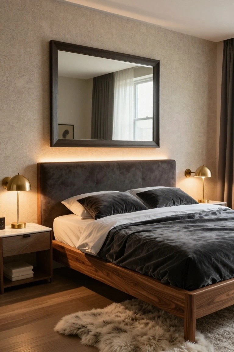 Modern bedroom interior with low-profile walnut wood platform bed, gray velvet upholstered headboard with warm backlighting, gold dome lamps on matching nightstands, large framed mirror on textured beige wall, and sheepskin rug on hardwood floor.