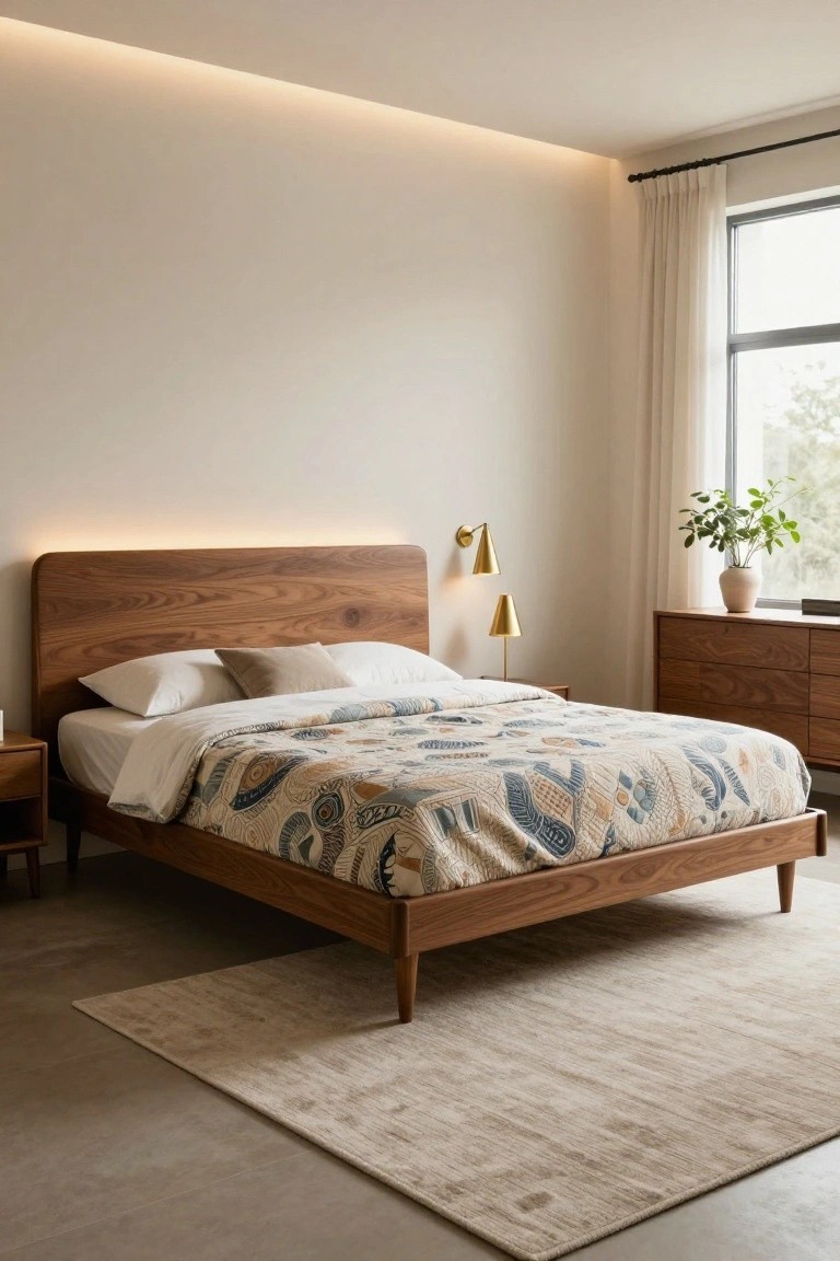 A bedroom with a wooden platform bed featuring a curved headboard with integrated backlighting, white bedding with a patterned quilt, matching nightstands and dresser, gold sconces, a potted plant, and a large window with sheer curtains.