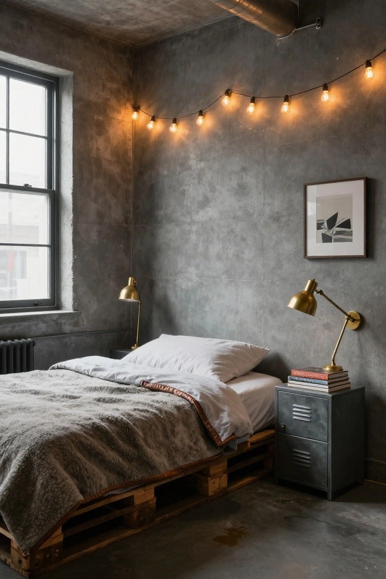 Bedroom with gray concrete walls and floor, wooden pallet bed frame with white sheets and gray throw, metal nightstand holding stacked books and brass lamp, string lights along upper wall, brass wall lamp, and window with black frame.